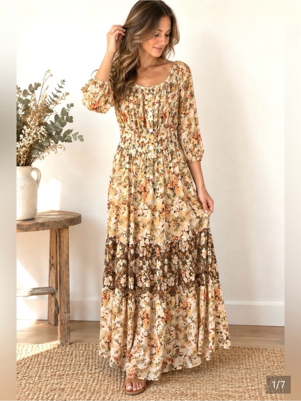 Floral Tiered Maxi Dress - Beige Floral